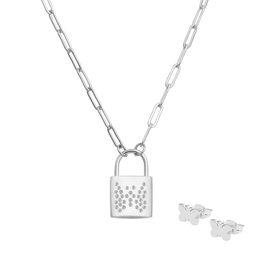 Butterfly Earrings and Chain Padlock Necklace Set