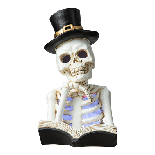 10.25"H Halloween Lighted Resin Skull Reading Book Table Decor
