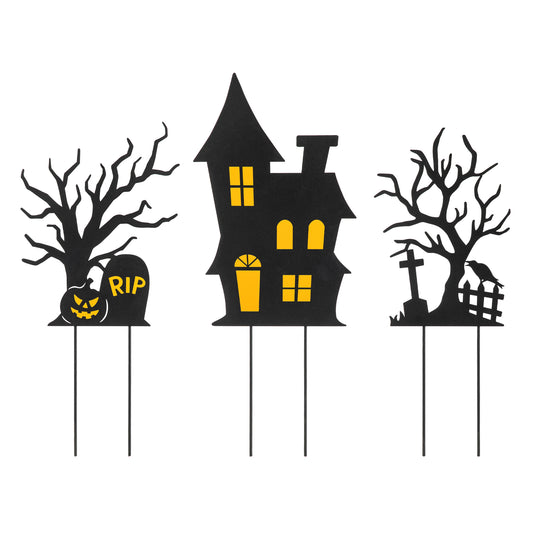 24"H Set of 3 Halloween Metal Silhouette Haunted House and Ghost Tree Yard Stake or Hanging Decor (KD, Two function)