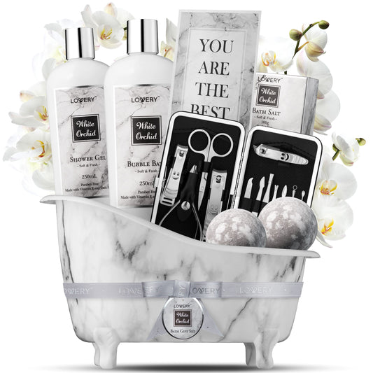 White Orchid Self Care Gift Basket in Marble Tub