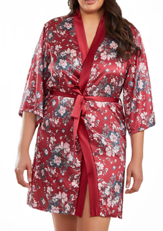 Elea plus Size 1pc Contrast Satin Floral Robe with Self Tie Sash