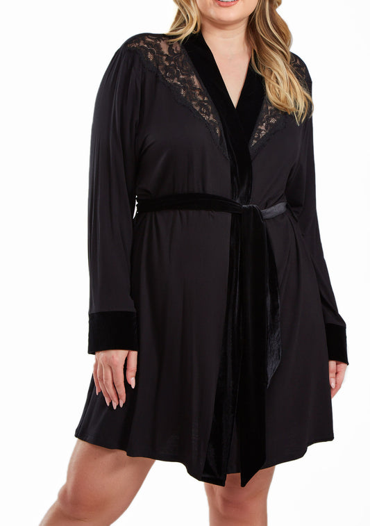 Sienna Plus Size Modal and Velour & Velvet Lace Trimmed Self Tie Robe