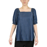 Tencel Denim Bateau Neckline With Elastic Cuff Peasant Sleeve Blosue