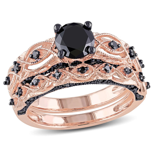 1 3/8 CT TW Black Diamond 10K Rose Gold Bridal Ring Set