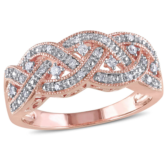 1/8 CT TW Diamond Vintage-Style Braid in Rose Gold Plated Sterling Silver Ring