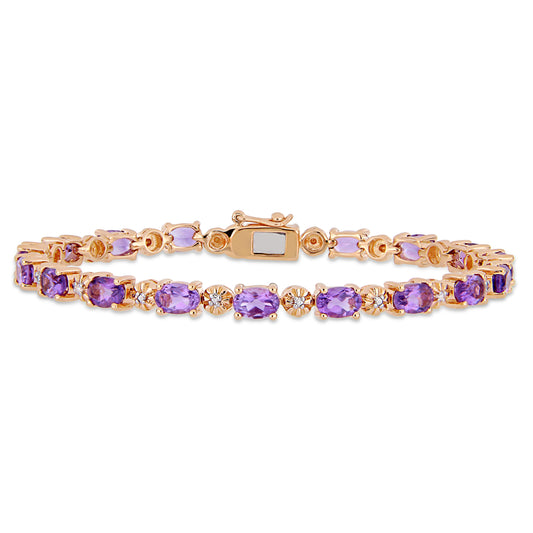 7 1/5 CT TGW Oval Cut Amethyst and Diamond Accent in Rose Plated Sterling Silver Tennis Bracelet