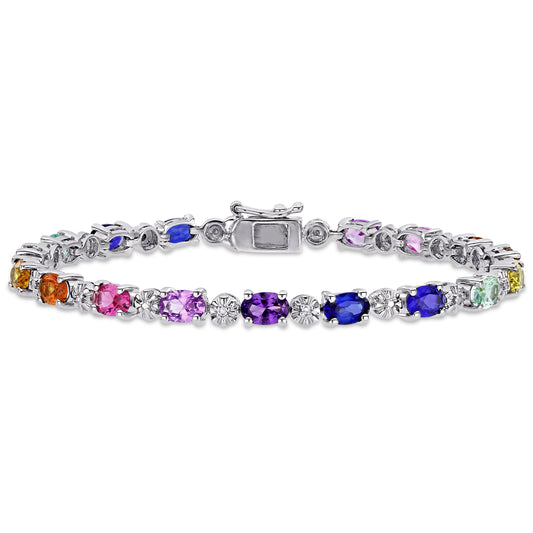 9 7/8 CT TGW Multi-Color Created Sapphire and Diamond-Accent in Sterling Silver Tennis Bracelet