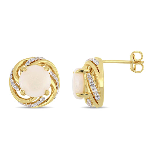 Opal and White Topaz Interlaced Swirl Halo Stud Earrings