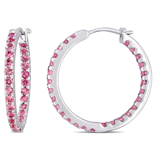 1 5/8 CT TGW Pink Tourmaline 10K White Gold Inside Outside Hoop Earrings