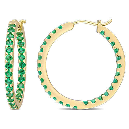 1 3/8 CT TGW Created Emerald 10K Yellow Gold Inside Outside Hoop Earrings