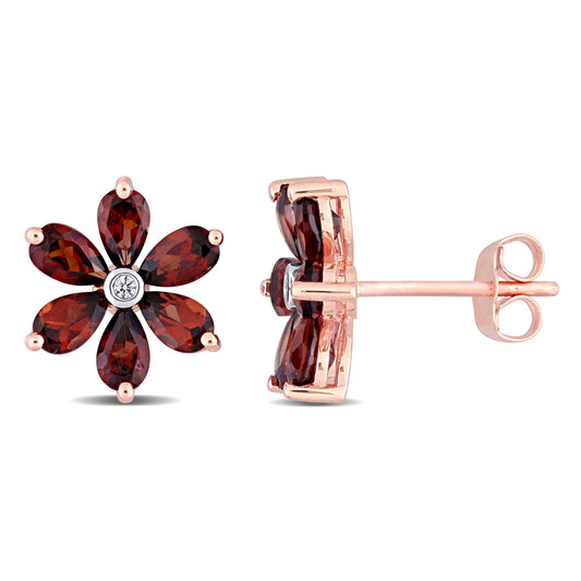 Garnet and Diamond Accent Floral Stud Earrings