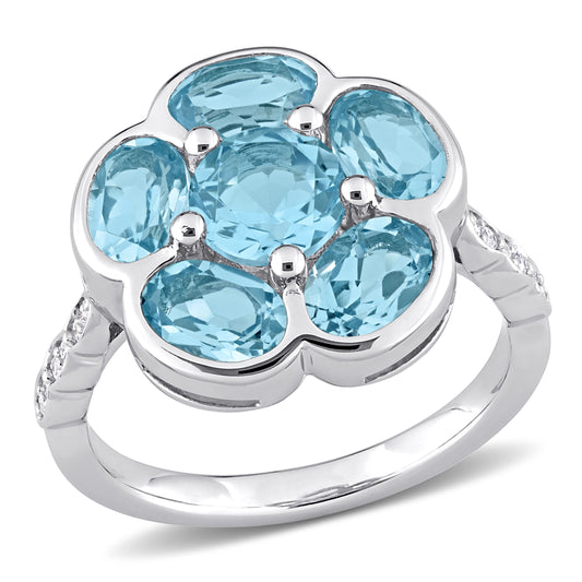 3 1/3 CT TGW Sky Blue Topaz and Diamond Accent Sterling Silver Floral Ring
