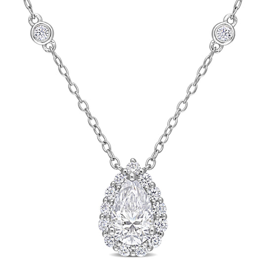 1 1/2 CT DEW Created Moissanite Sterling Silver Halo Necklace