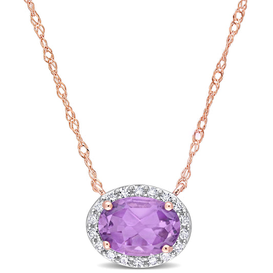3/4 CT TGW Amethyst and 1/10 CT TW Diamond 10K Rose Gold Halo Necklace
