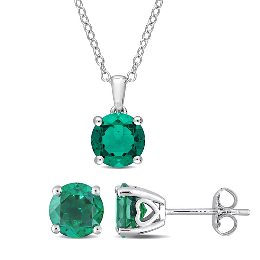 Created Emerald Solitaire Stud Earring and Pendant Set