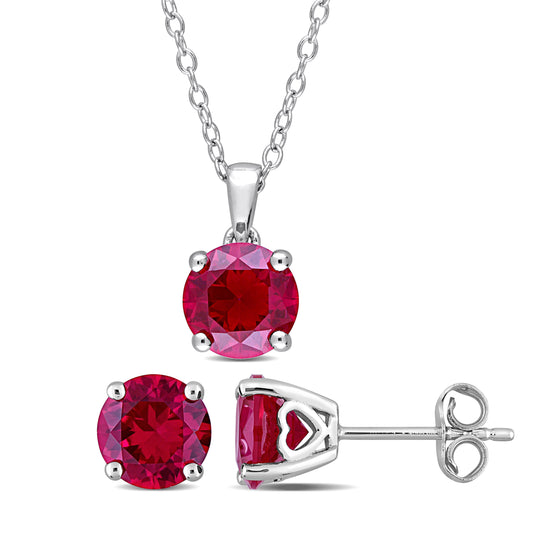 Created Ruby Solitaire Stud Earring and Pendant Set