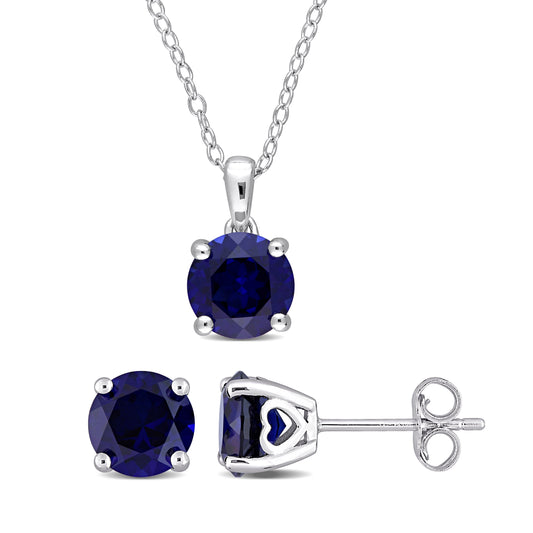Created Blue Sapphire Solitaire Stud Earring and Pendant Set