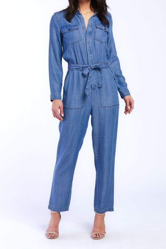 Cantrelle Long Sleeve Pull On Jumpsuit, Loose Leg, Half Button Down