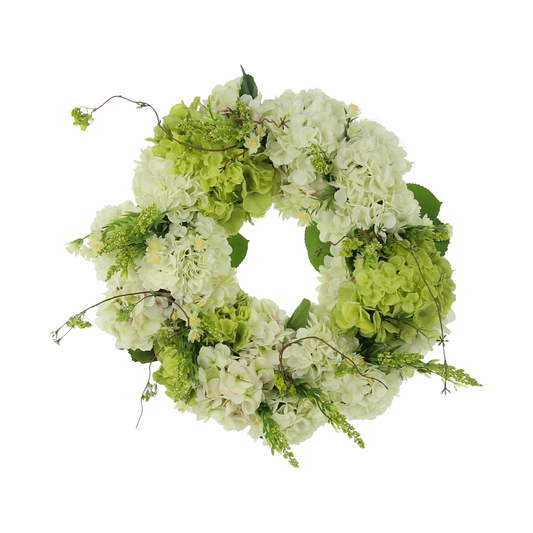 26" Grapevine Wreath with Assorted Hydrangea, Heather and Snowball Vine