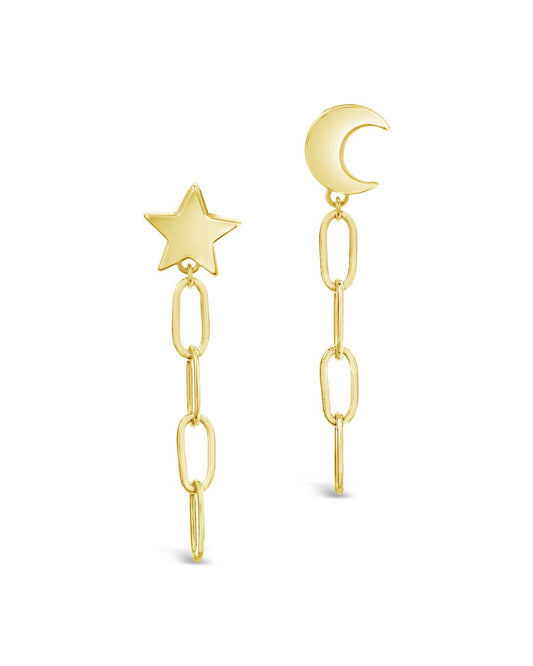 Dangle Chain Link Studs with Moon and Star Motif