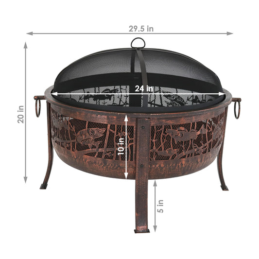Camping or Backyard Steel Northwoods Fishing Fire Pit with Spark Screen - 30" - Bronze