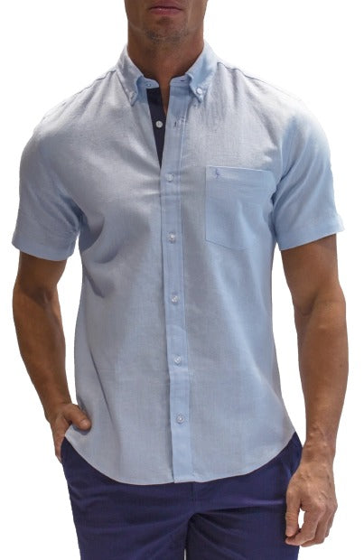 Luxe Blue Solid Linen Blend Short Sleeve Shirt