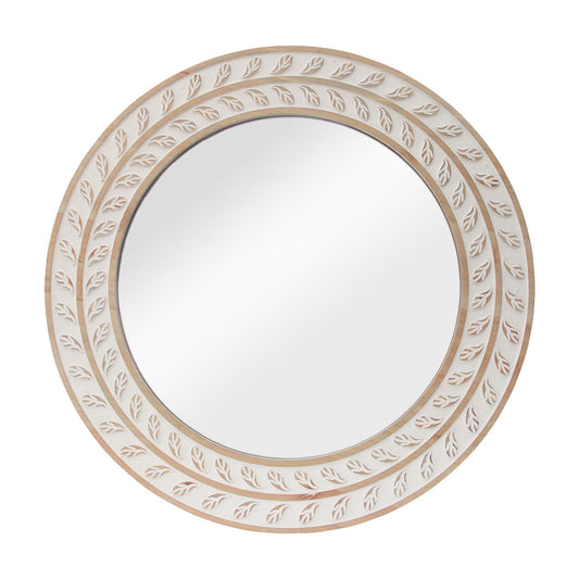 Round Carved Frame Natural & White Wood Wall Mirror
