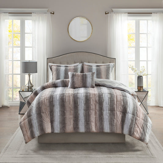 Marselle Faux Fur Comforter Set Blush/Grey