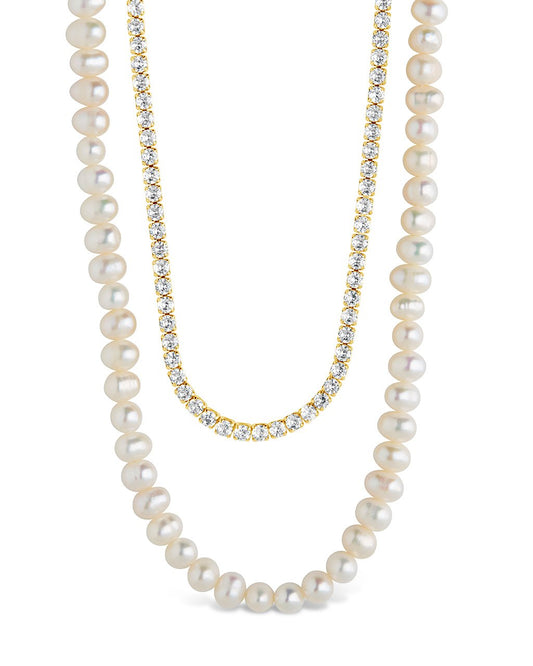 Layered Necklace with CZ Stones and Elegant Faux Pearls