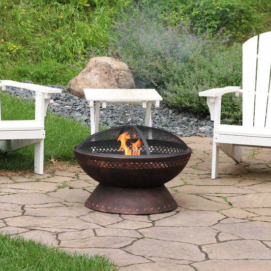 Camping or Backyard Steel Chalice Fire Pit with Spark Screen and Log Poker - 25" - Copper Finish