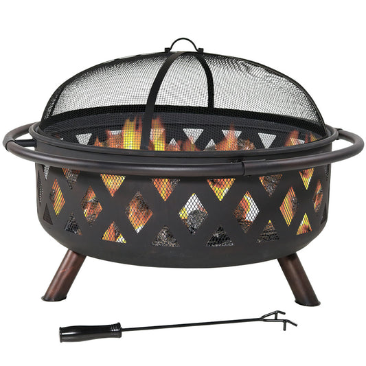 Camping or Backyard Round Crossweave Cut Out Fire Pit with Spark Screen, Log Poker, and Cover - 36"