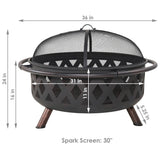 Camping or Backyard Round Crossweave Cut Out Fire Pit with Spark Screen, Log Poker, and Cover - 36"