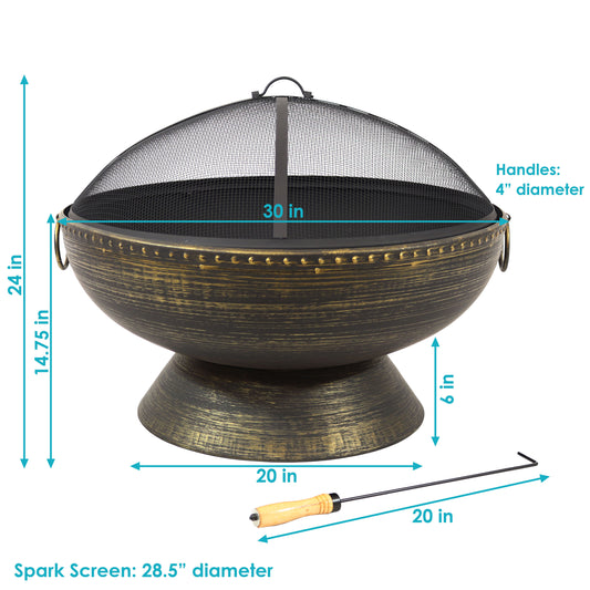 Camping or Backyard Large Fire Pit Bowl with Spark Screen, Log Poker, and Metal Wood Grate - 30" - Bronze