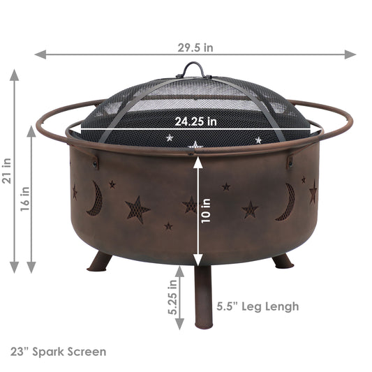 Camping or Backyard Round Cosmic Stars and Moons Fire Pit with Cooking Grill Grate, Spark Screen, and Log Poker - 30"