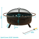 Camping or Backyard Steel Round Cosmic Fire Pit with Spark Screen, Log Poker, and Wood Grate - 41.5" - Black