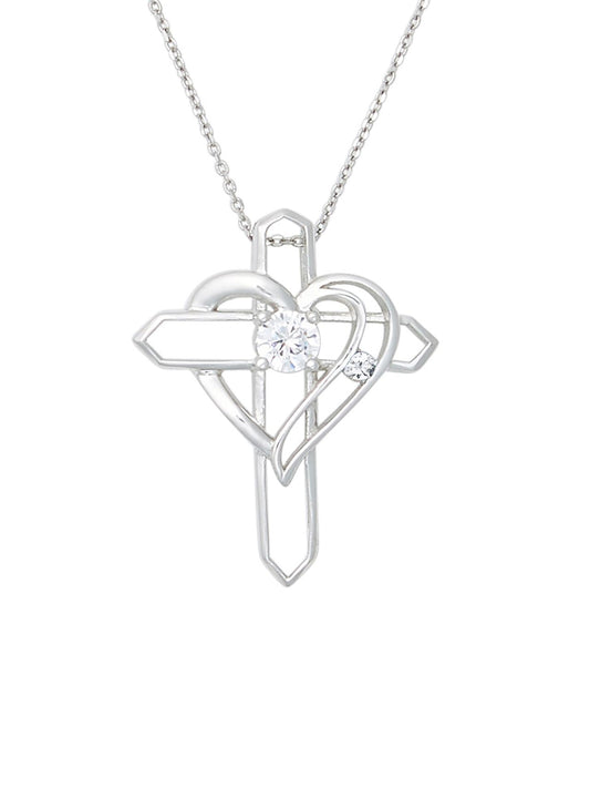 Silver Heart Cross w/ Birthstone Necklace