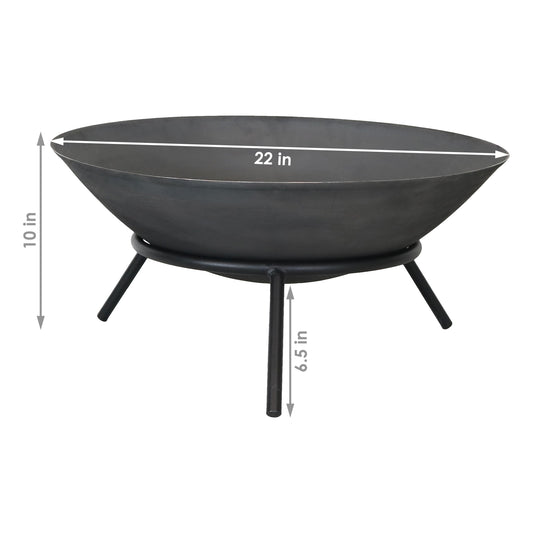 Camping or Backyard Cast Iron Round Rustic Raised Fire Pit Bowl with Steel Finish on Stand - 22"