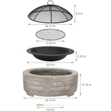 Large Round Faux Stone Fire Pit with Handles, Log Poker, and Spark Screen - 35"