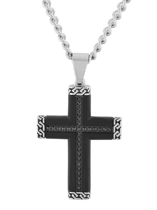 1/4Ctw Stainless Steel With Black Ip Cross Pendant