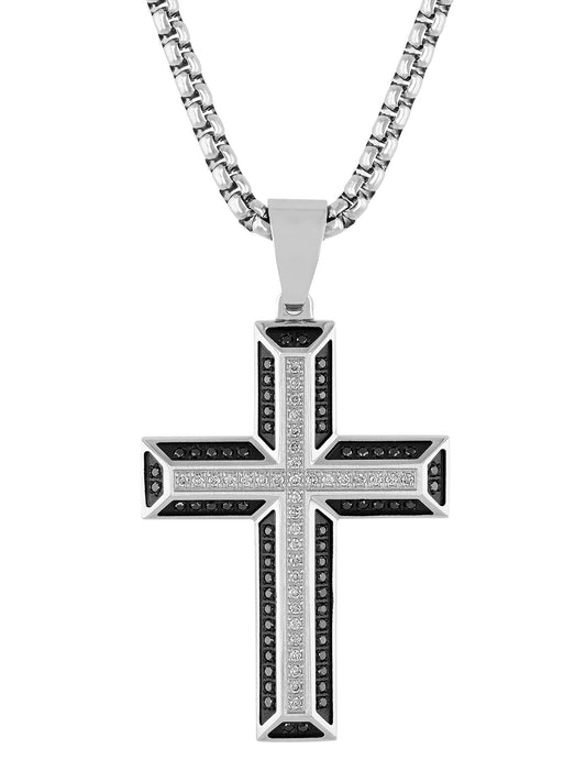 1/2Ctw Black & White Diamond Stainless Steel W/ Black Ip Cross Pendant