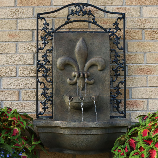 33"H Solar-Powered Polystone French Lily Design Wall-Mount Water Fountain