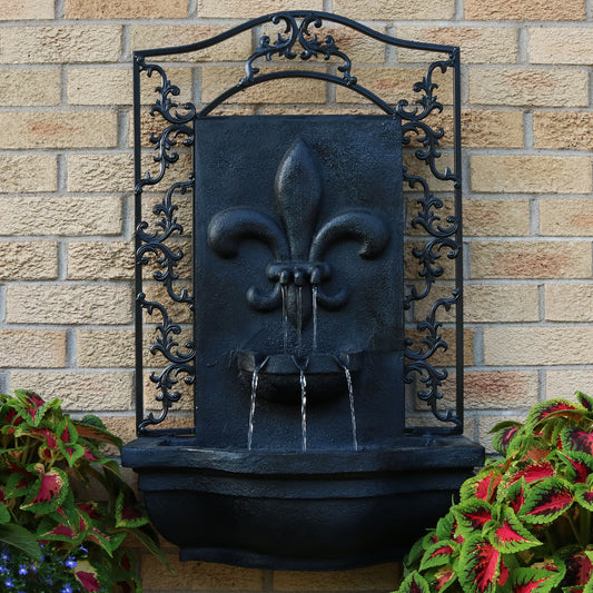 33"H Solar-Powered Polystone French Lily Design Wall-Mount Water Fountain