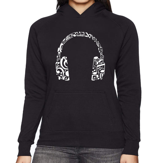LA Pop Art Women's Word Art Hooded Sweatshirt -Music Note Headphones
