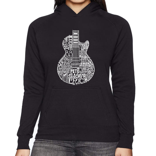 LA Pop Art Women's Word Art Hooded Sweatshirt -Rock Guitar Head