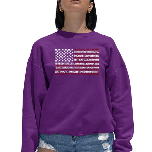 LA Pop Art Women's Word Art Crew Sweatshirt - 50 States USA Flag