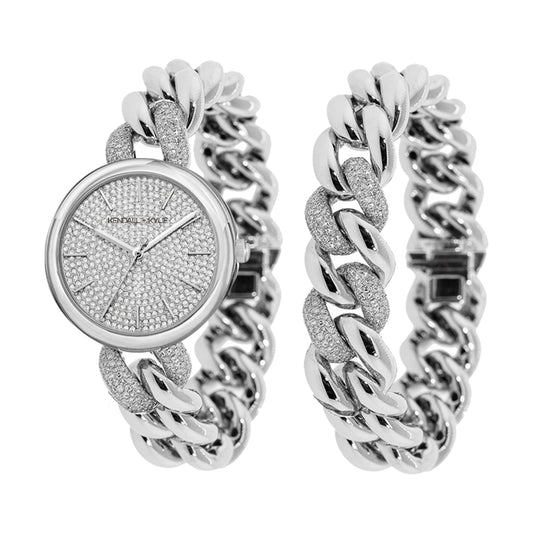 Crystal Chain Link Watch-Bracelet Set Silver