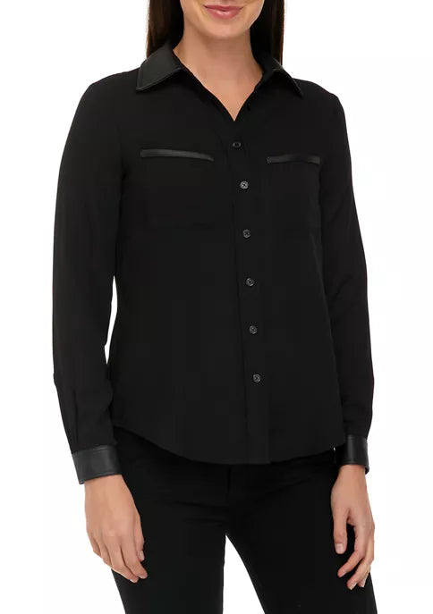Plus Size Women's Faux-Leather-Trim Button-Down Shirt