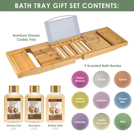 Premium Bamboo Bathtub Caddy Gift Set - Expandable Tray