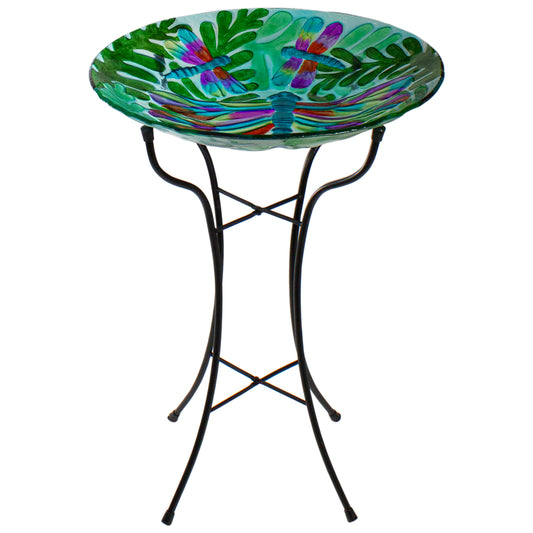 18" Colorful Dragonfly with Green Leaves Hand Painted Glass Outdoor Patio Birdbath