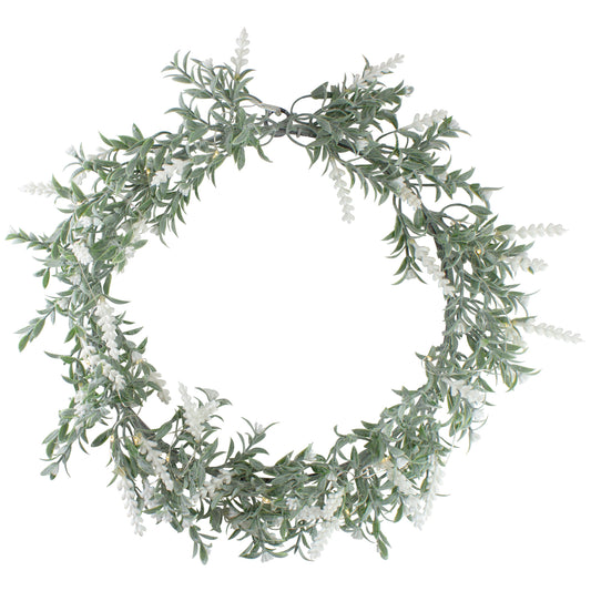 White Lavender Faux LED Lighted Wreath, 16"